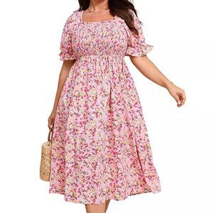 Women Short Sleeve Summer Floral Dress Plus Size Smocked Ruffle Square Neck Cas